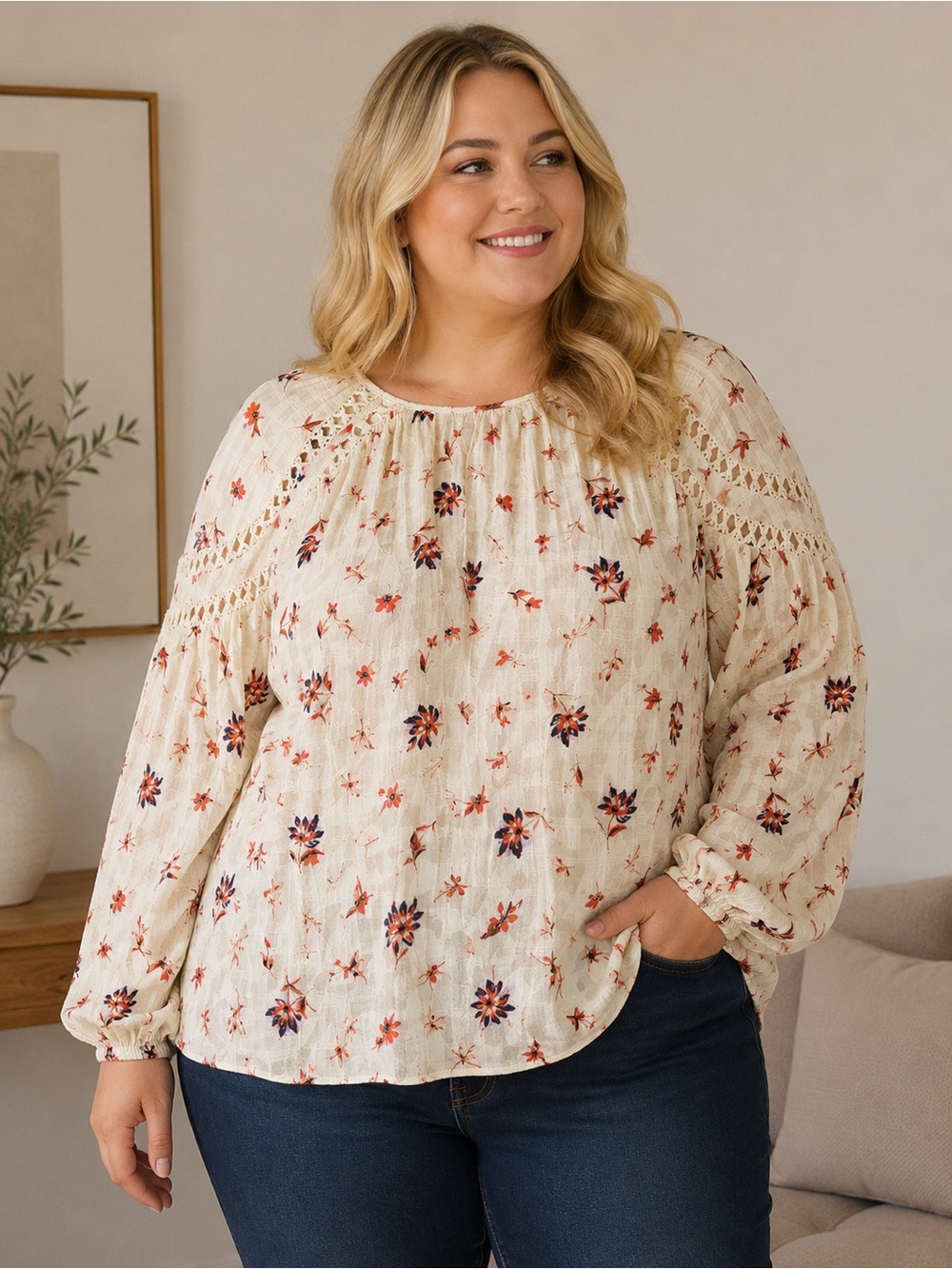 Wonderly Cream Floral Crochet-Detail Blouse